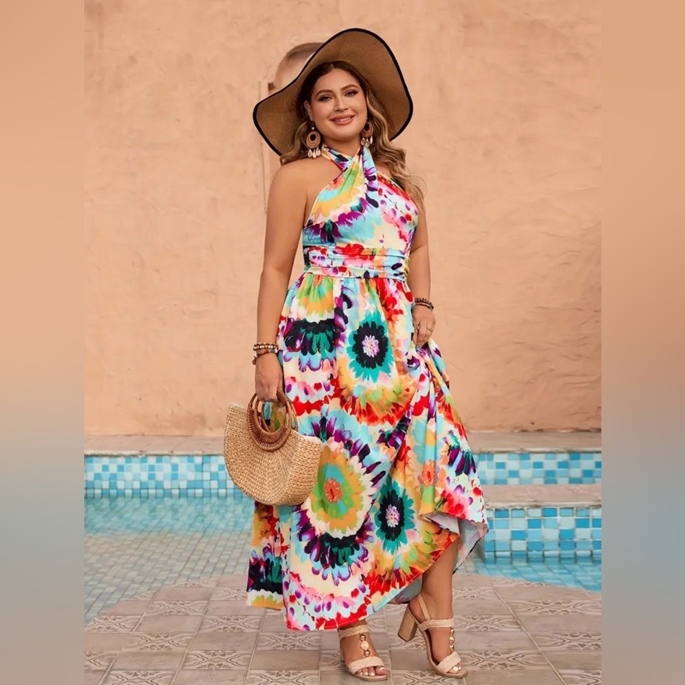 🌟Host Pick🌟NIP-Plus Size Tie Dye Print Cross Front Halter Dress